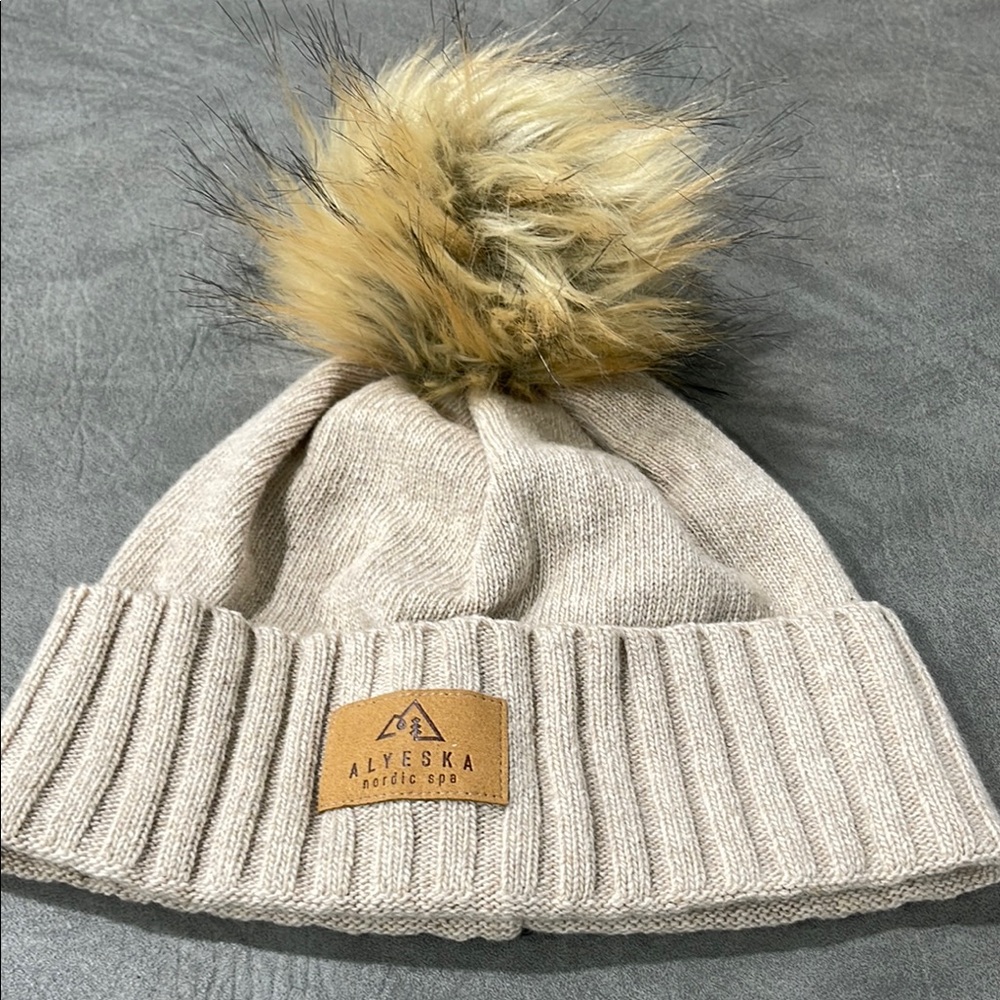Cream and Brown Knit Hat with Faux Fur Pom-Pom